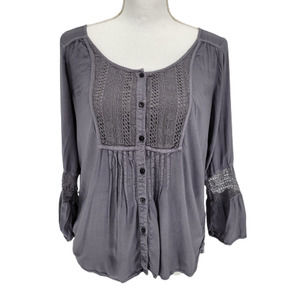 American Eagle S Top Buttoned 3/4 Sleeve Pleated Lace Applique Gray